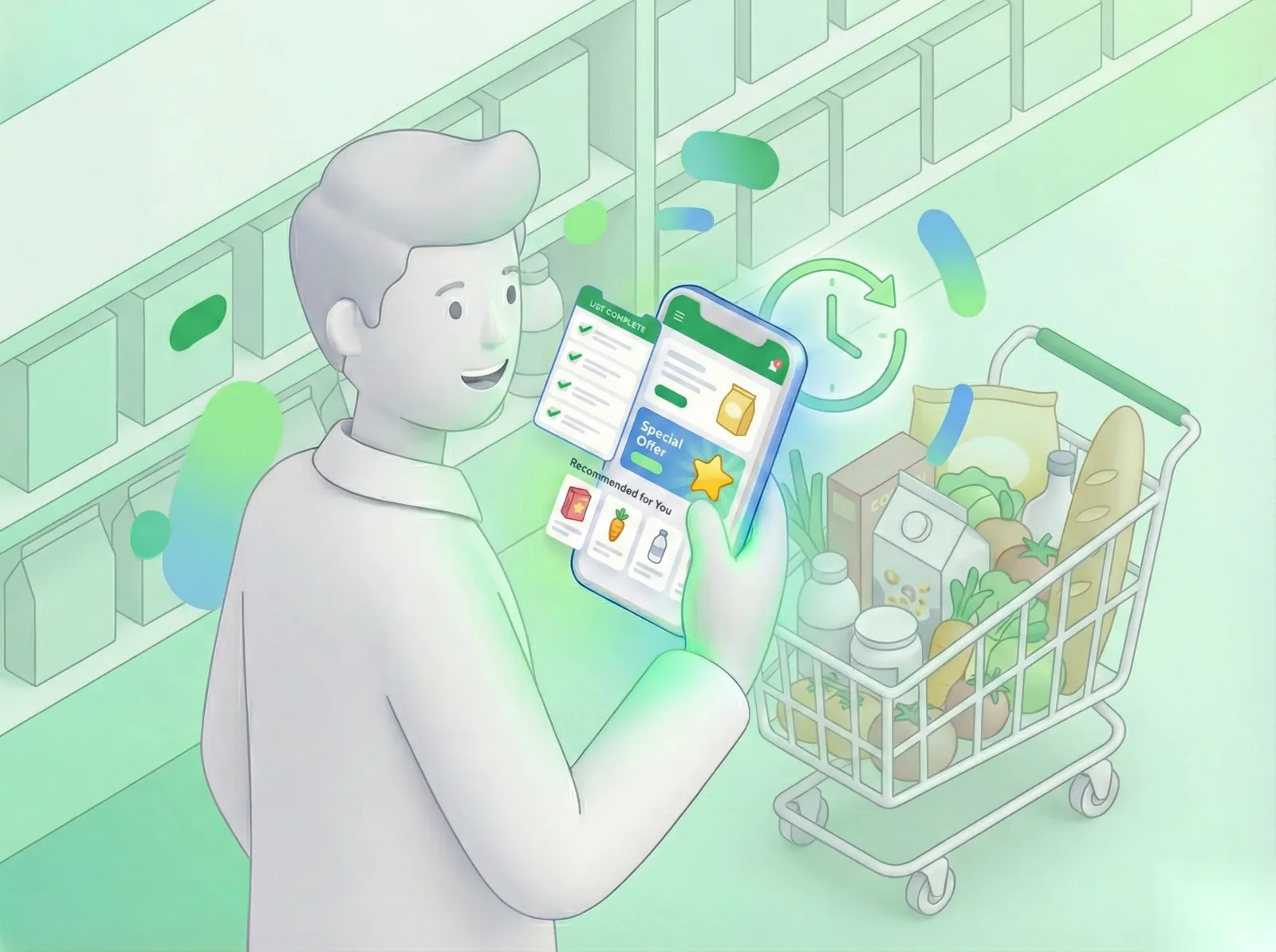 Shopper viewing app with clock symbol